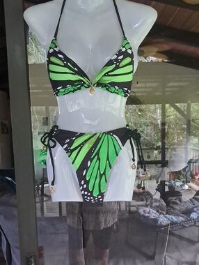 Green Butterfly Print Bikini Set and Sarong
